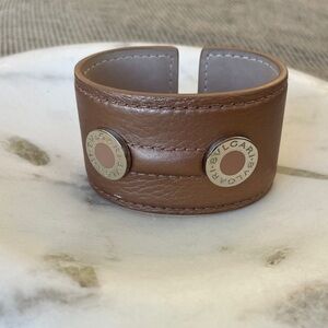 BVLGARI Brown Leather Logo Cuff Bracelet Gold & Silver Tone Size M Italy Luxury